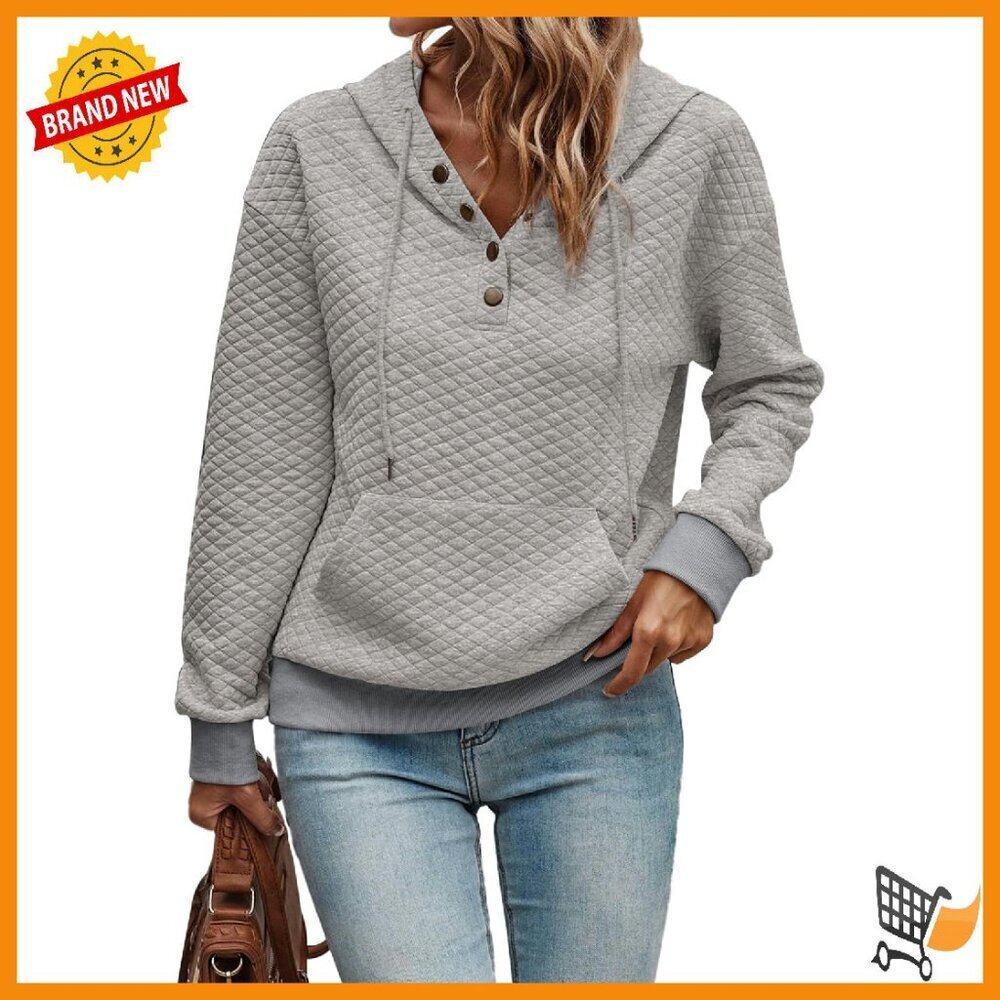 Quilted Hoodie with Snap Buttons & Drawstring, Long Sleeve Sweatshirt
